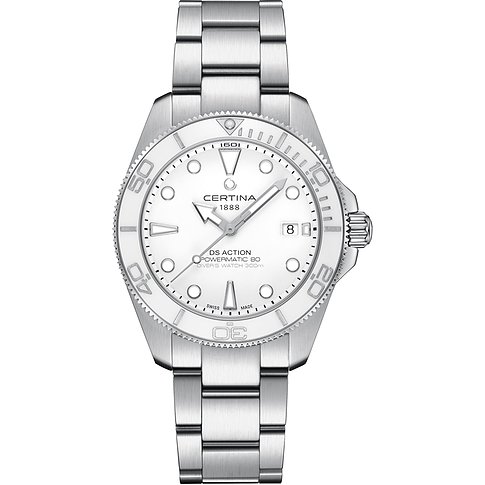 Certina Herrenuhr mit Edelstahlgehäuse, weißem Zifferblatt und Datum.