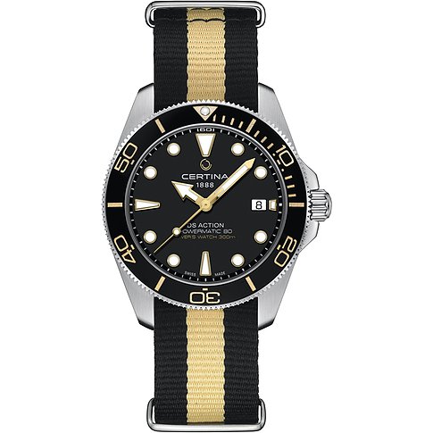 Certina Herrenuhr mit Edelstahlgehäuse, schwarzem Zifferblatt und bicolor Armband.