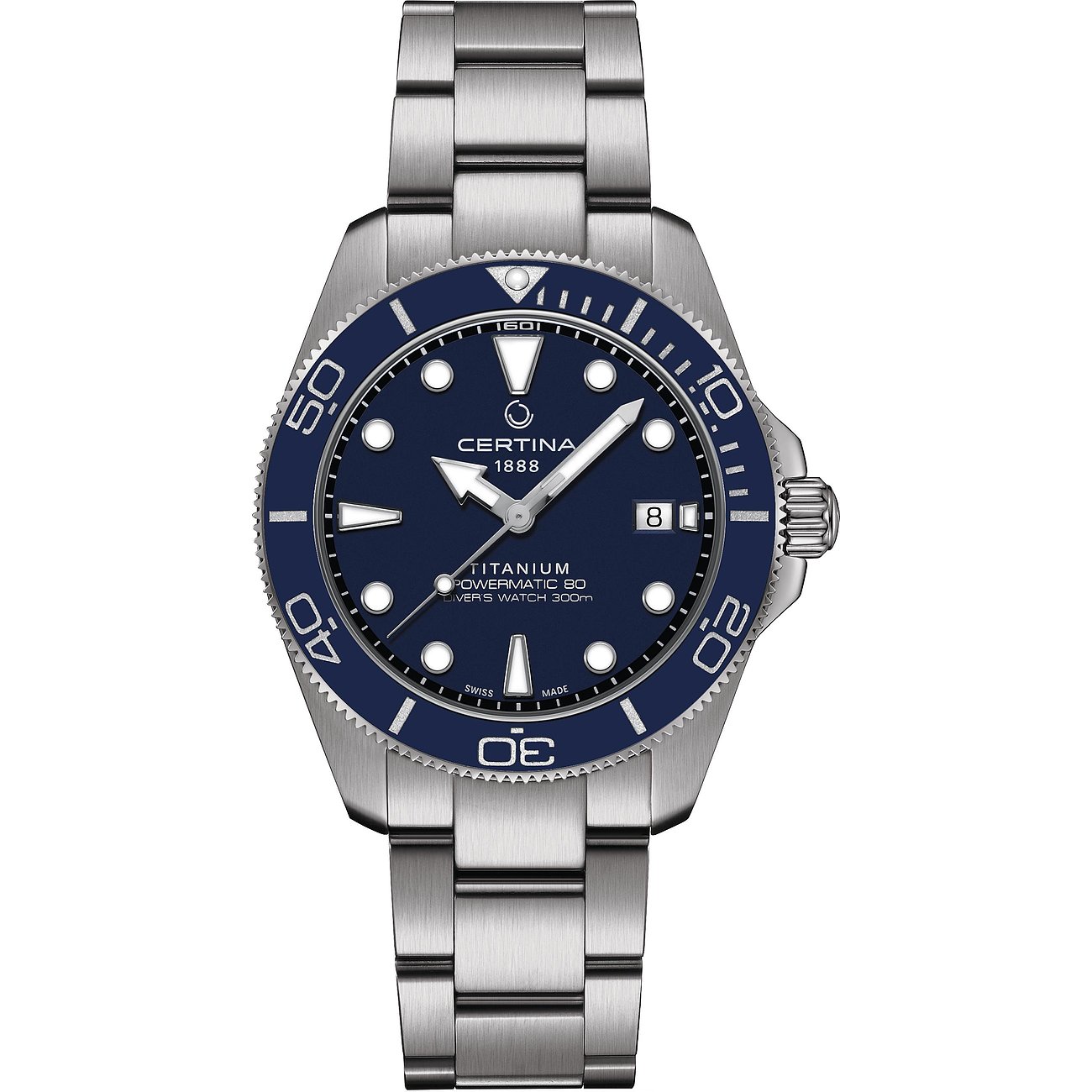 Certina Herrenuhr mit Titangehäuse, blauem Zifferblatt und blauer Lünette.