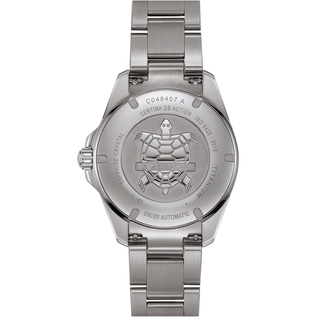 Certina Herrenuhr aus Titan mit Turtle-Gravur und Sichtboden.