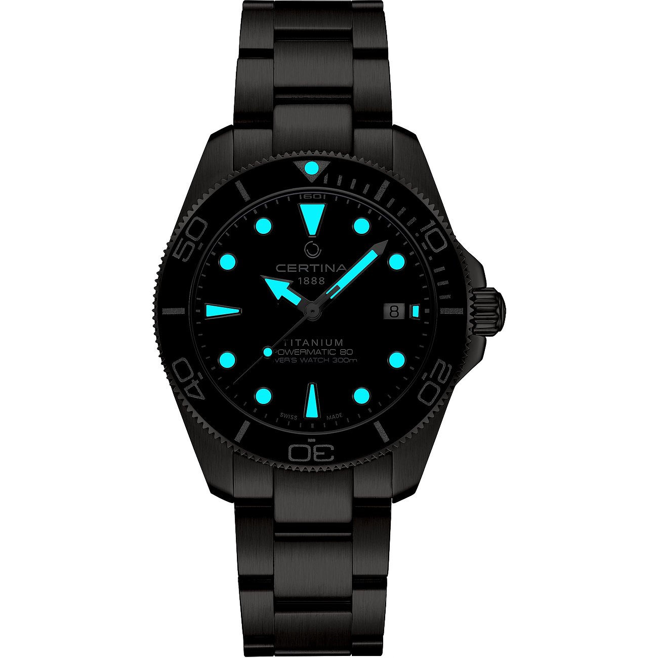 Certina Herrenuhr aus Titan mit schwarzem Zifferblatt und Leuchtindizes.