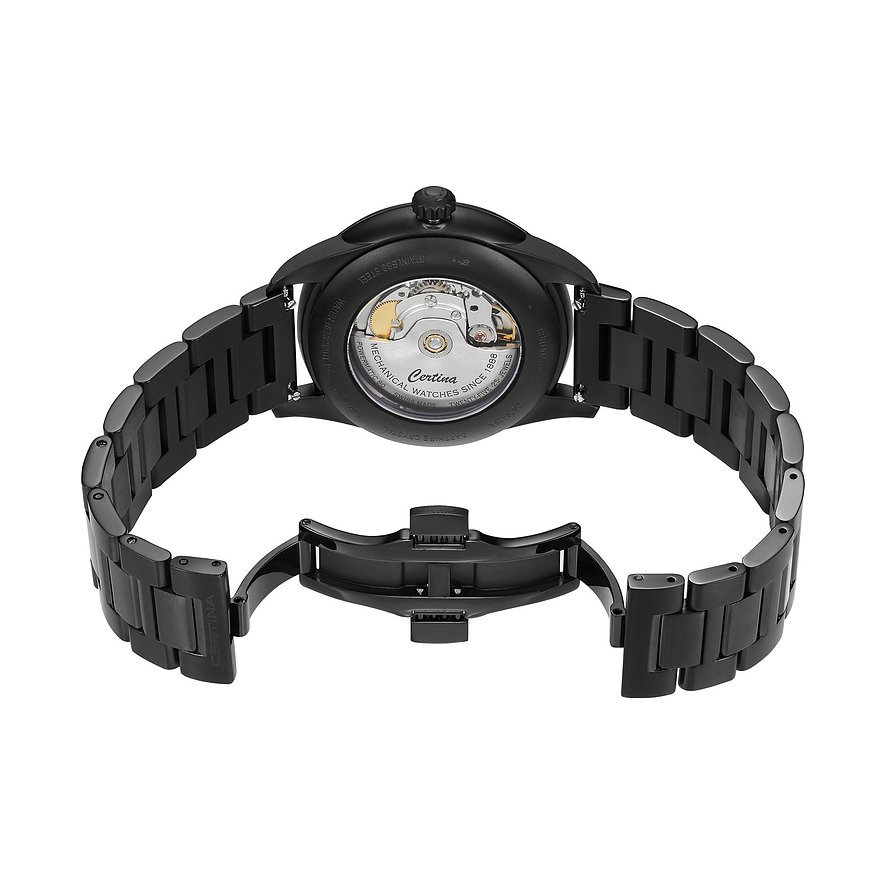 Certina Herrenuhr mit Edelstahlgehäuse, schwarzes Armband, mechanisch.