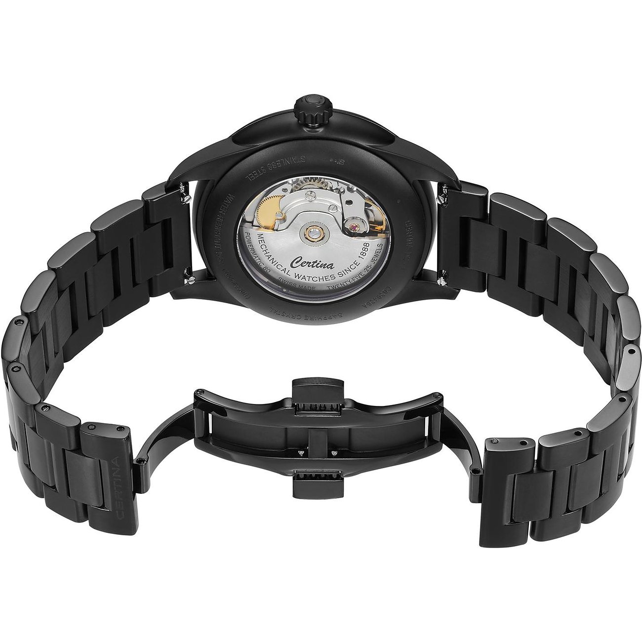 Certina Herrenuhr mit Edelstahlgehäuse, schwarzes Armband, mechanisch.