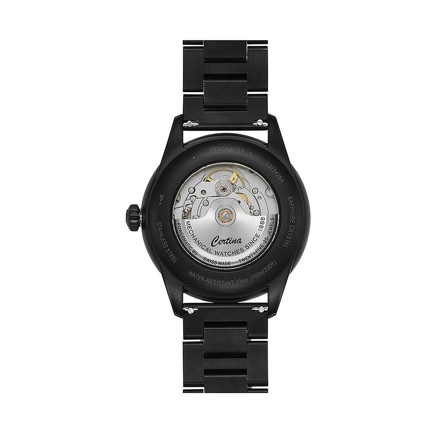 Certina Herrenuhr aus Edelstahl, schwarz, analog mit Datumsanzeige.