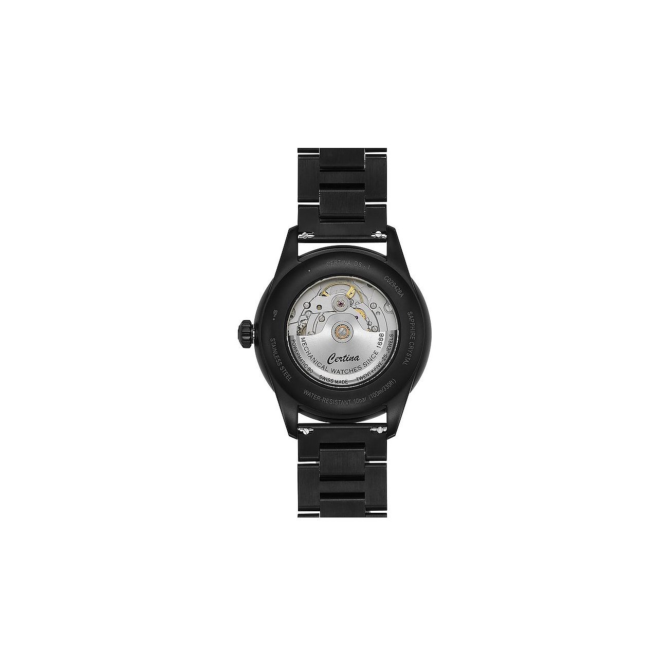 Certina Herrenuhr aus Edelstahl, schwarz, analog mit Datumsanzeige.