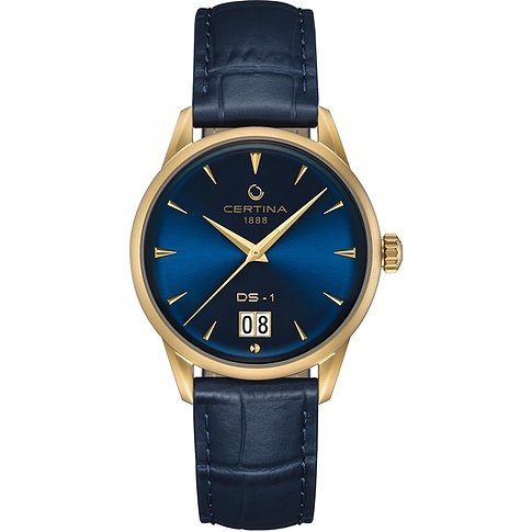 Certina Herrenuhr mit Edelstahlgehäuse, analoger Anzeige und blauem Zifferblatt.