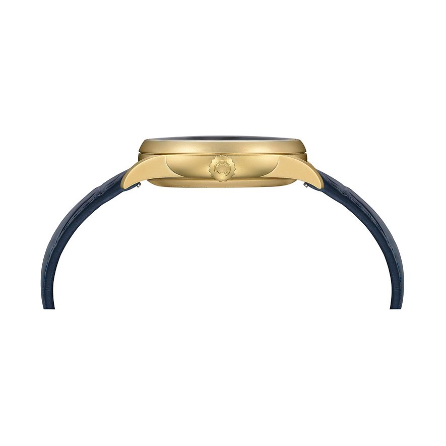 Certina Herrenuhr mit Edelstahlgehäuse, goldfarben, mit blauem Lederarmband.
