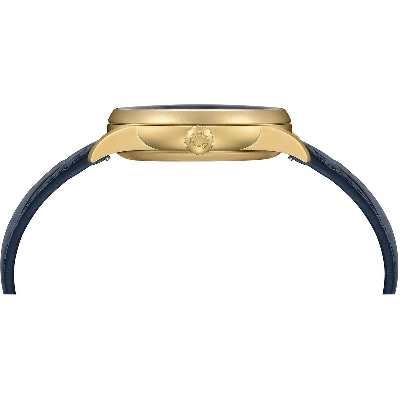 Certina Herrenuhr mit Edelstahlgehäuse, goldfarben, mit blauem Lederarmband.