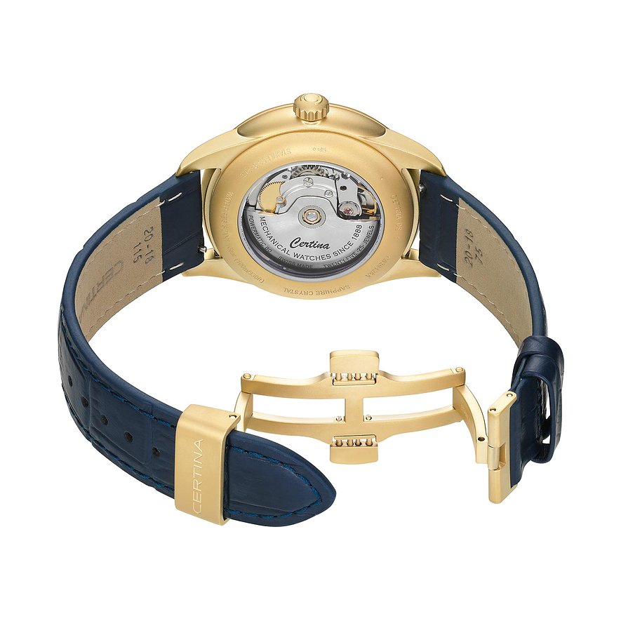 Certina Herrenuhr mit Edelstahlgehäuse, goldfarben, mit blauem Lederarmband und Faltschließe.
