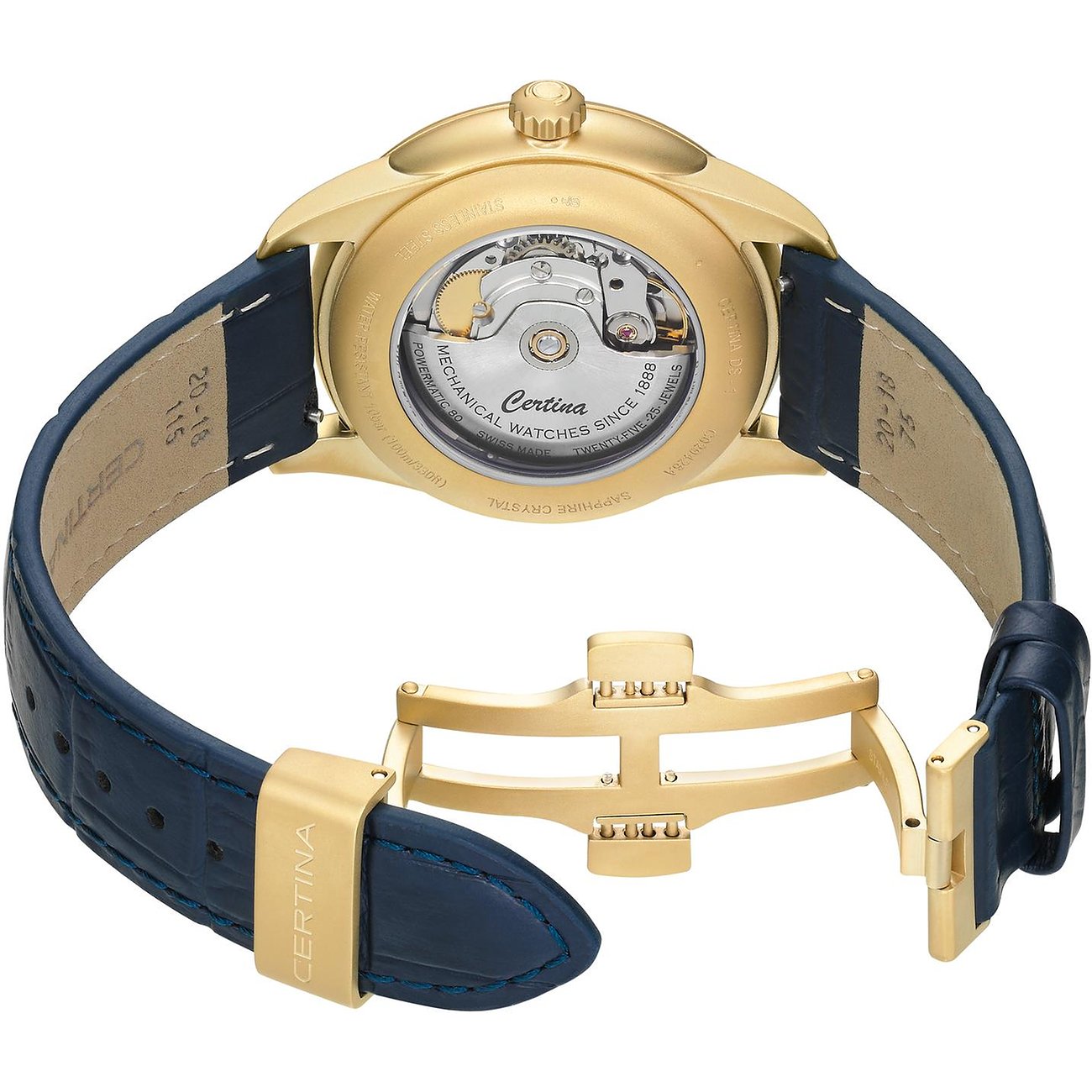Certina Herrenuhr mit Edelstahlgehäuse, goldfarben, mit blauem Lederarmband und Faltschließe.