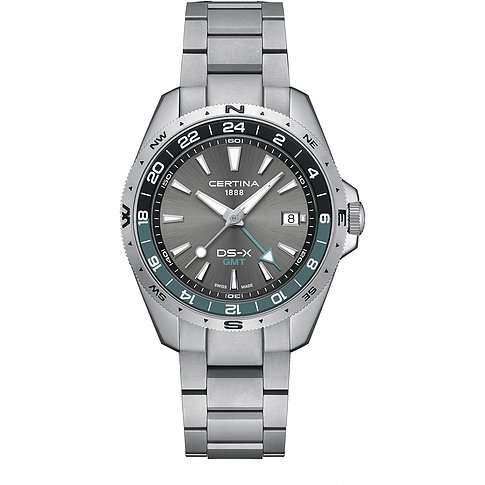 Certina Herrenuhr aus Edelstahl mit grauem Zifferblatt, silbernen Akzenten und schwarzen/türkisfarbenen Ziffern.
