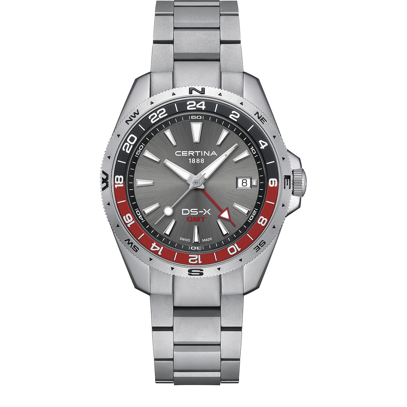 Certina Herrenuhr, ein Zeitmesser aus massivem Edelstahl in Grau mit silberfarbenen Indexen und runden Datumsfenster.