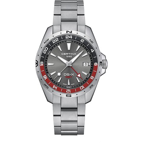 Certina Herrenuhr, ein Zeitmesser aus massivem Edelstahl in Grau mit silberfarbenen Indexen und runden Datumsfenster.