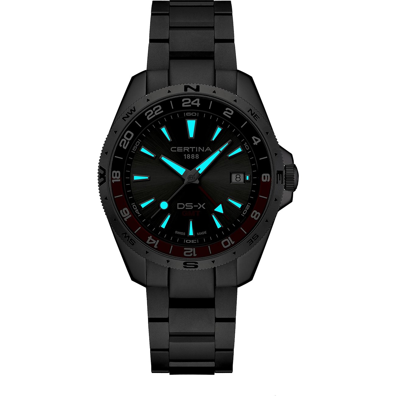 Certina Herrenuhr DS-X in Schwarz aus Edelstahl mit leuchtenden Zeigern aus der Vogelperspektive sichtbar.