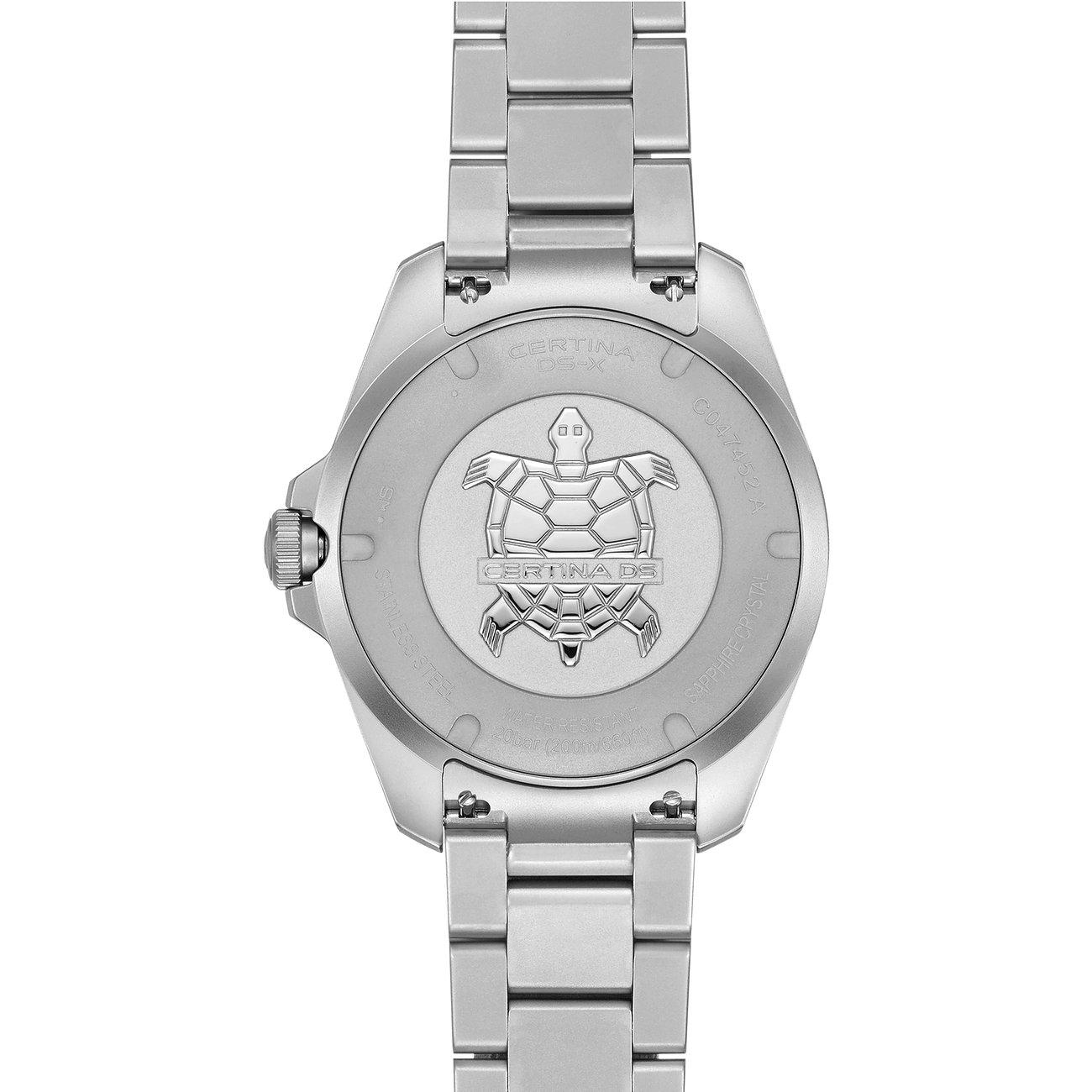 Rückseite einer Certina Herrenuhr aus Edelstahl, mit detaillierter Schildkröten-Gravur im Zentrum des Gehäuses.