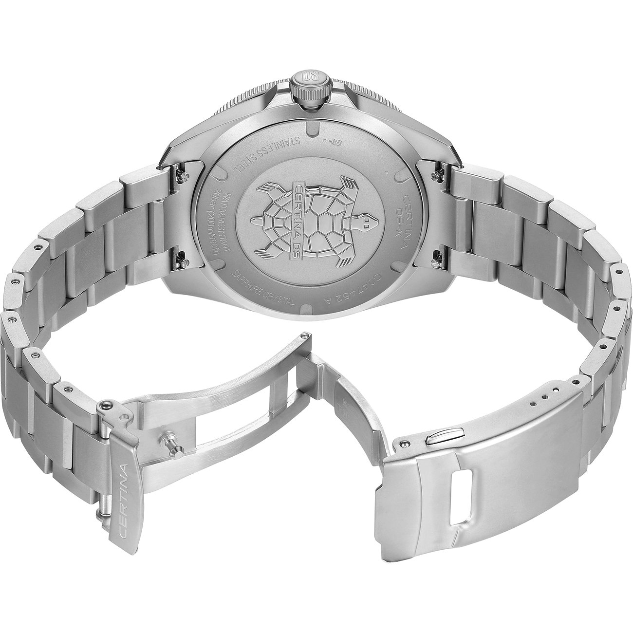 Rückseite einer Certina Herrenuhr aus Edelstahl mit geöffnetem Armband und graviertem Schildkrötensymbol.