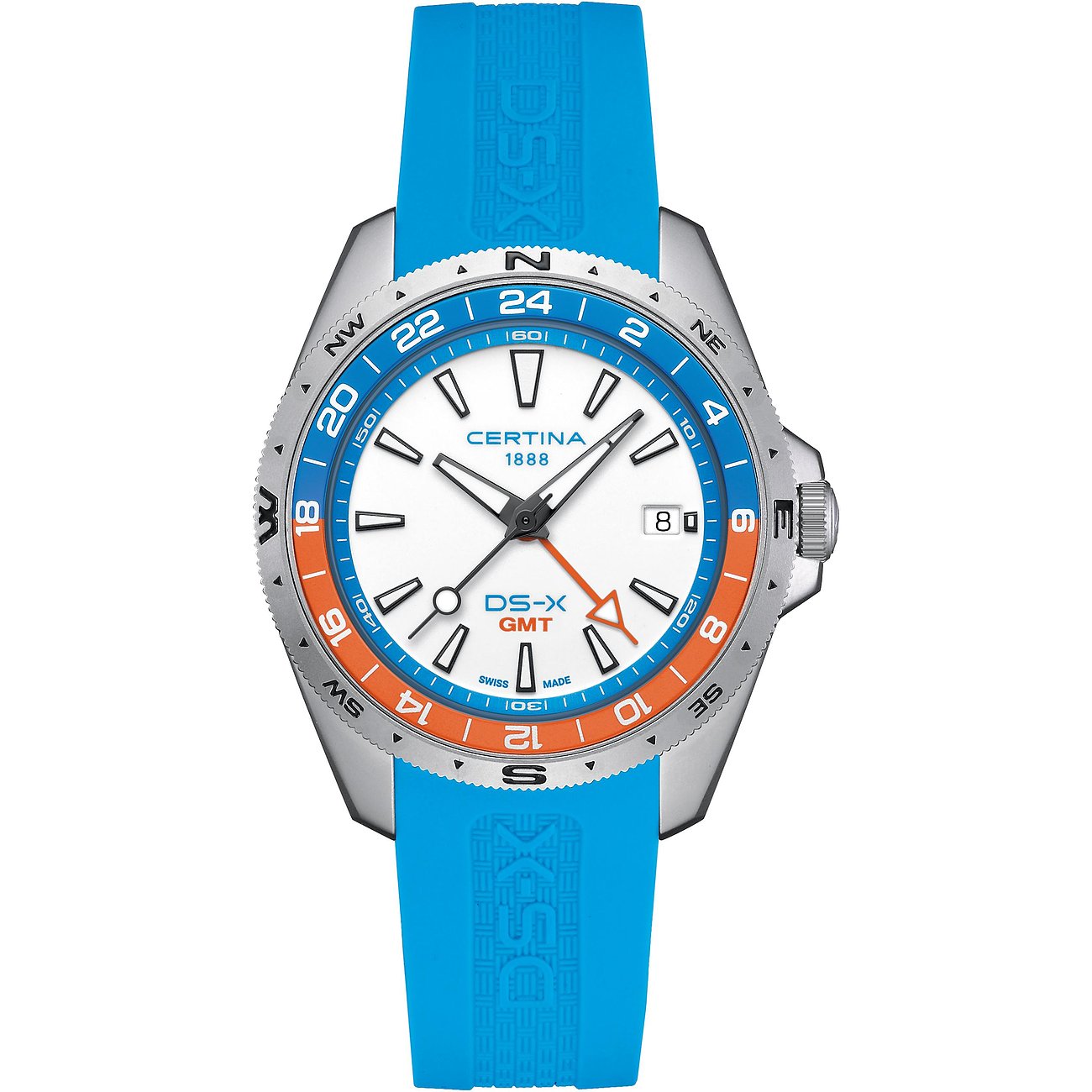 Certina Herrenuhr aus Edelstahl mit leuchtend blauem Armband und weißem Zifferblatt auf weißem Hintergrund.