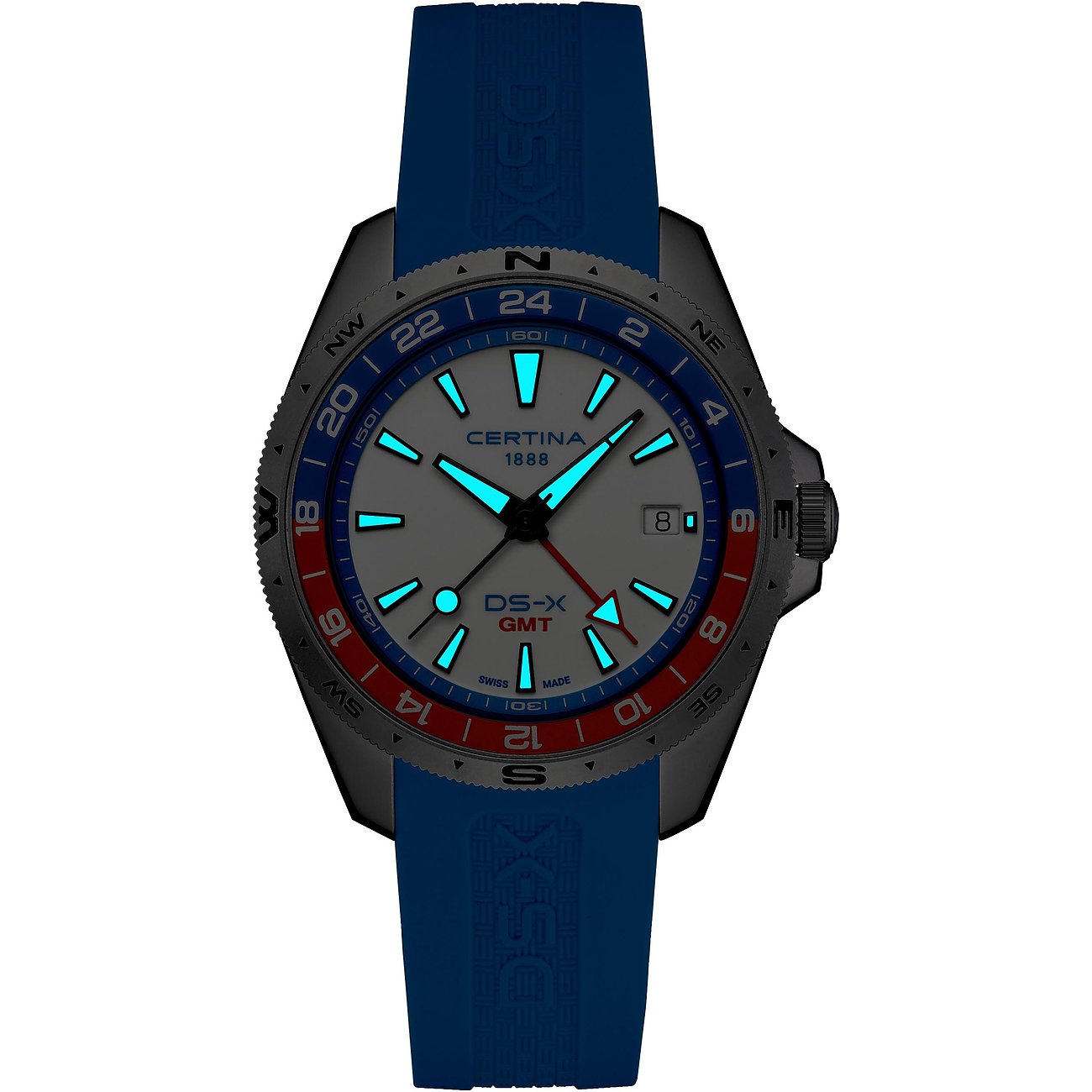 Certina Herrenuhr aus Edelstahl mit leuchtenden Zeigern und Indizes auf blauem Silikonband, von vorne.
