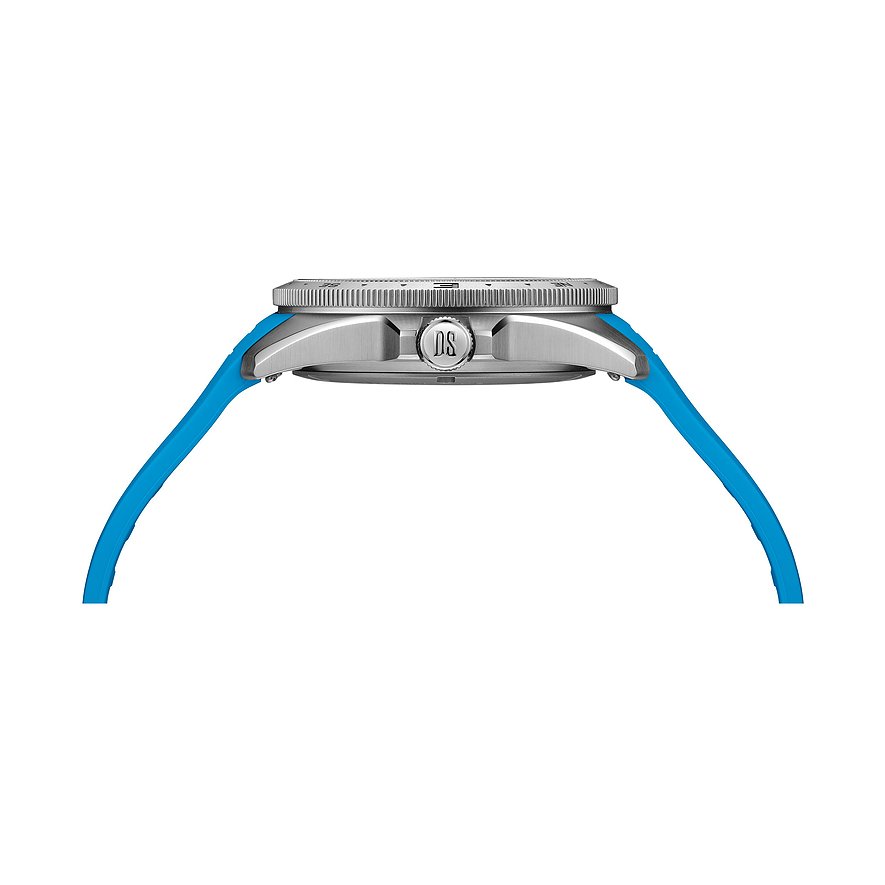 Seitenansicht der Certina Herrenuhr aus Edelstahl mit leuchtend blauem Armband und prominentem Kronenlogo.