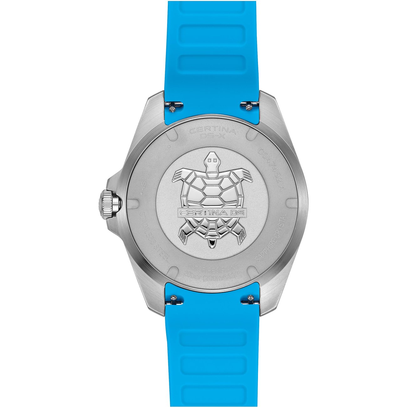 Rückseite einer Certina Herrenuhr aus Edelstahl mit leuchtend blauem Armband und einem Gravur einer Schildkröte.