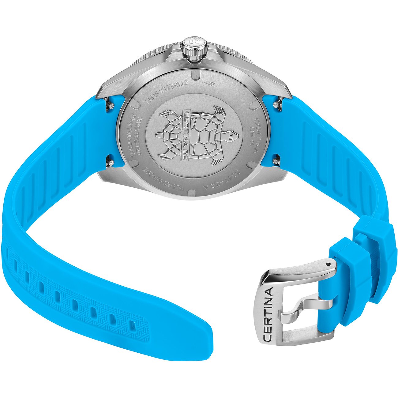 Rückansicht der Certina Herrenuhr aus blauem Silikon und Edelstahl, die Schildkrötenprägung ist sichtbar.
