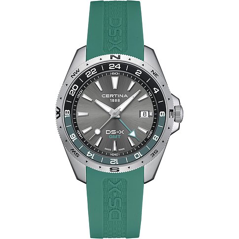 Certina Herrenuhr aus Edelstahl mit türkisgrünem Armband, grauem Zifferblatt und Kompasslünette.
