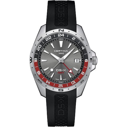 Certina Herrenuhr aus Edelstahl, Modell DS-X GMT, mit grauem Zifferblatt und schwarzem Kautschukarmband.