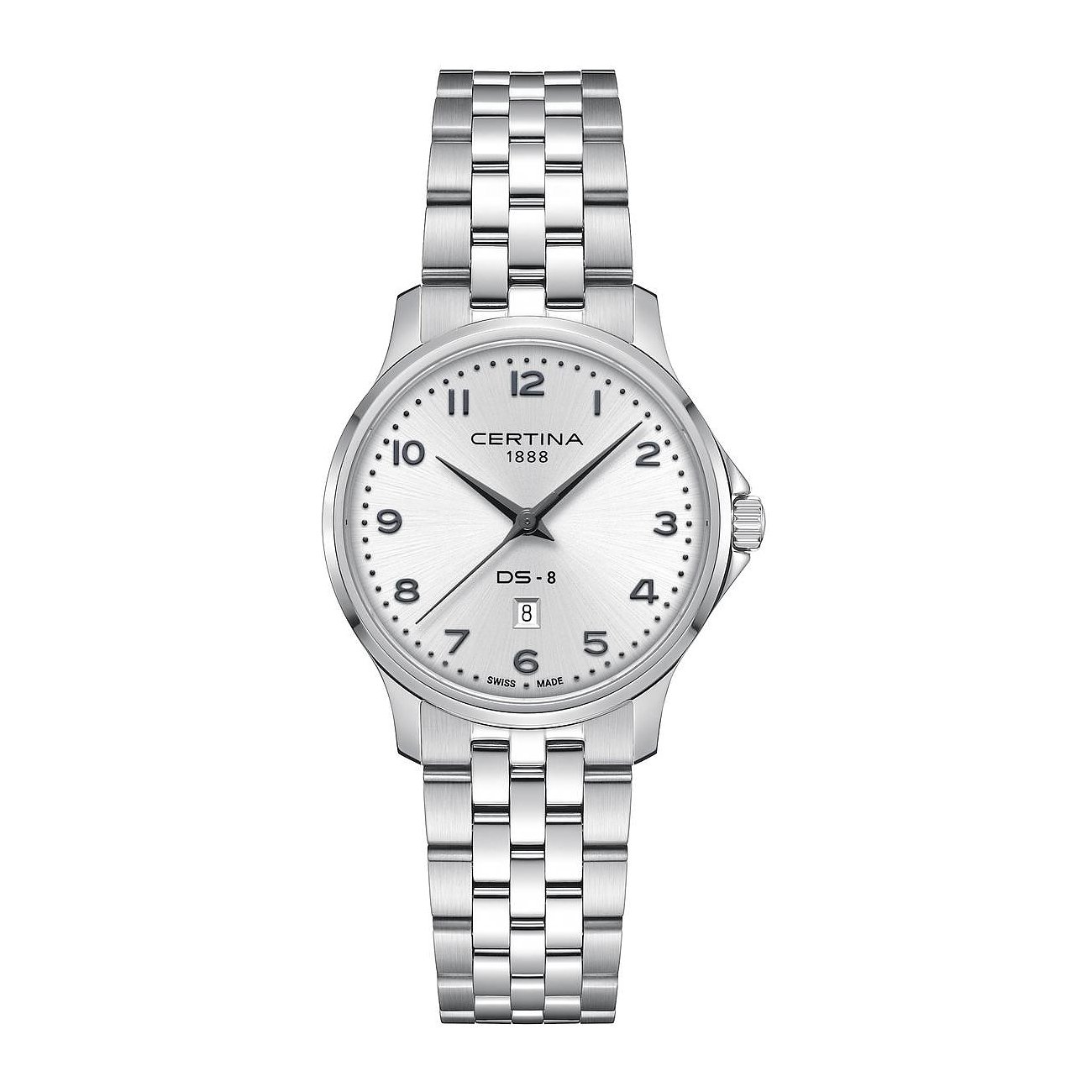 Certina Damenuhr in Edelstahl mit weißem Zifferblatt und silbernem Gliederarmband, schräg von oben aufgenommen.