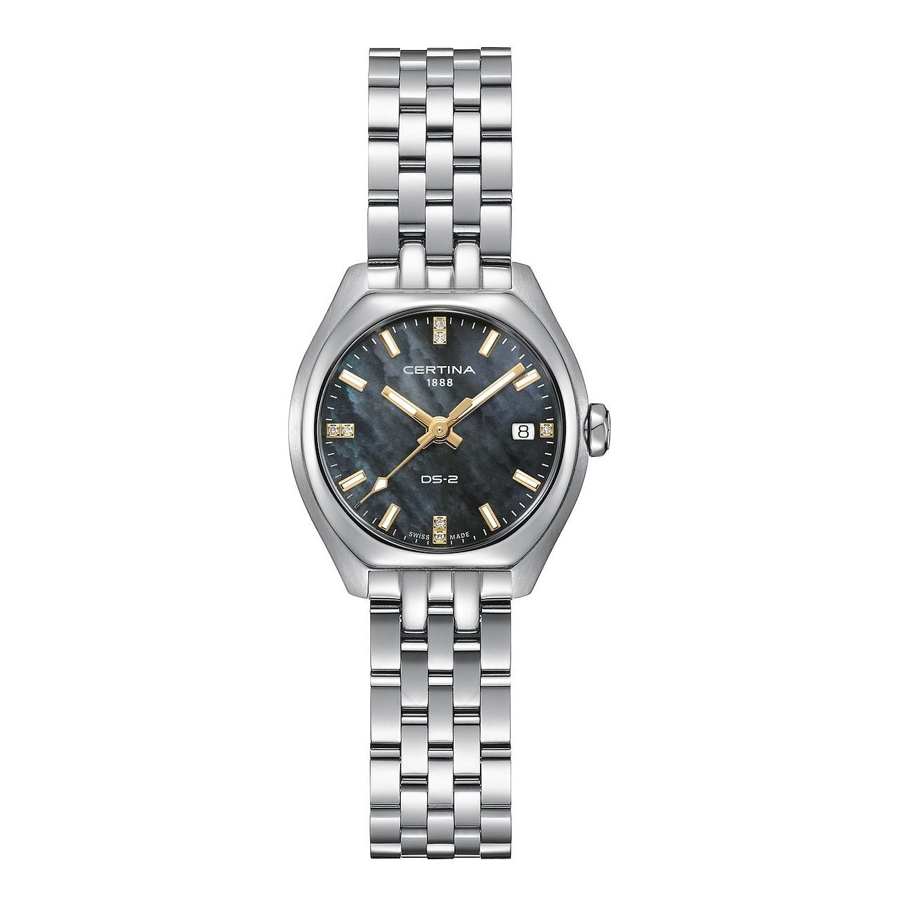 Certina Damenuhr aus Edelstahl von schräg oben mit anthrazitfarbenem Zifferblatt und glitzernden Indexen.