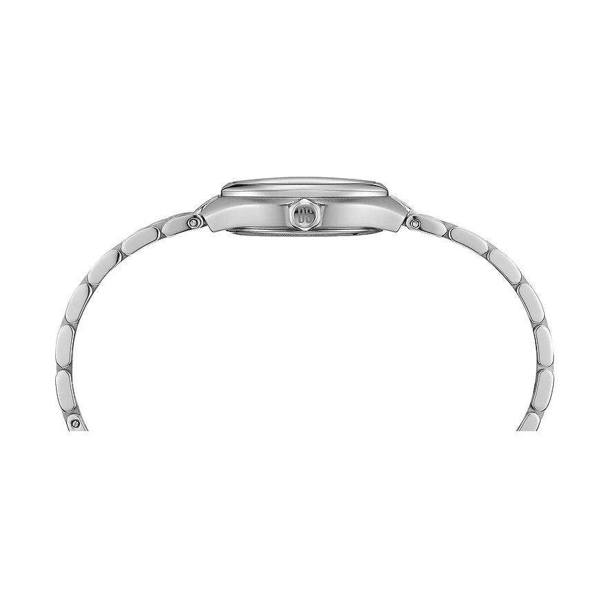 Seitenansicht einer Certina Damenuhr aus Edelstahl mit schmalem Gliederarmband, wobei die Krone sichtbar ist.