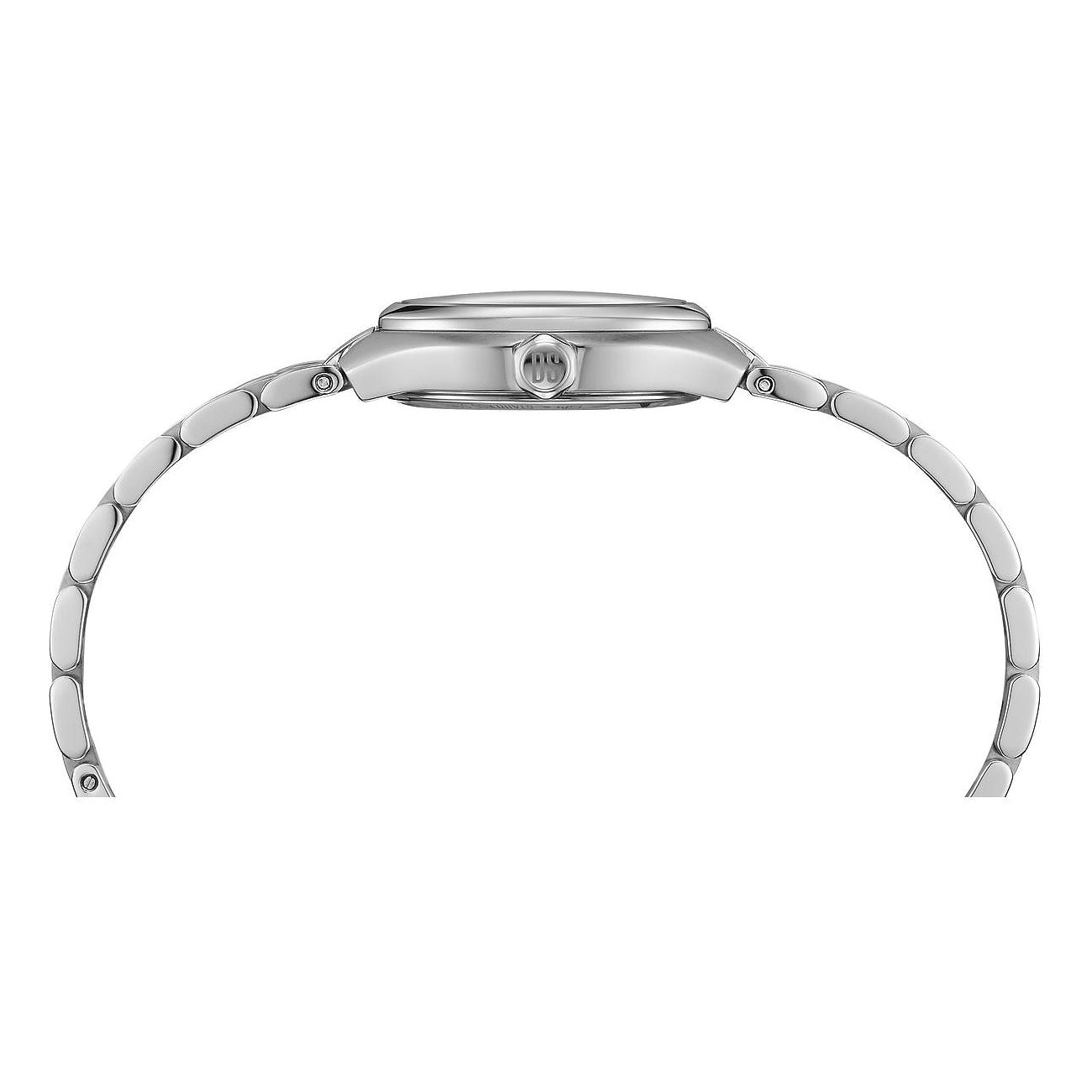 Seitenansicht einer Certina Damenuhr aus Edelstahl mit schmalem Gliederarmband, wobei die Krone sichtbar ist.