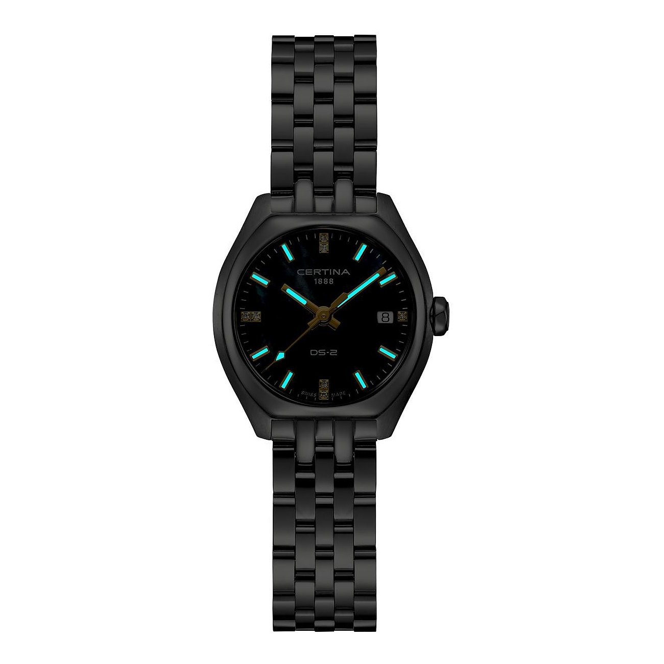 Certina Damenuhr aus schwarzem Edelstahl von oben mit leuchtenden Zeigern und Indizes.