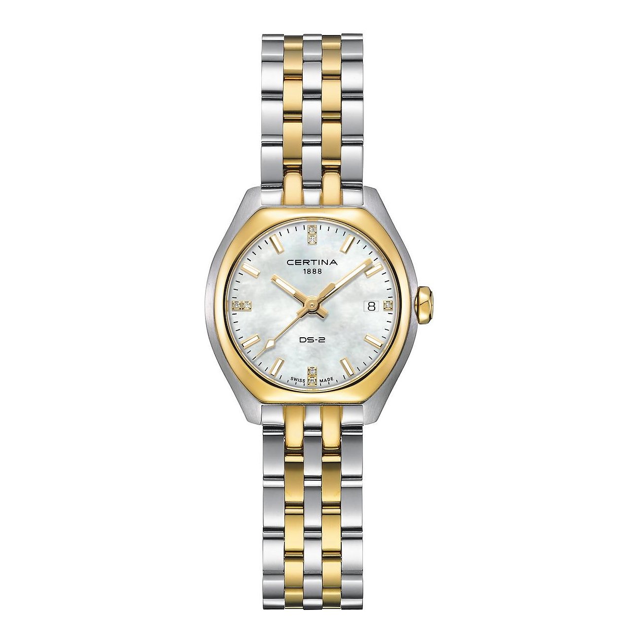 Certina Damenuhr aus Edelstahl von vorne mit zweifarbigem gold- und silberfarbenem Band.