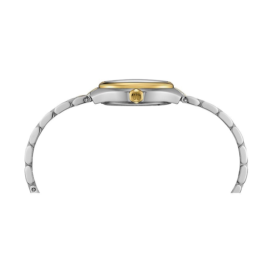 Seitenansicht der Certina Damenuhr aus Edelstahl mit silber- und goldfarbenem Armband und Gehäuse.