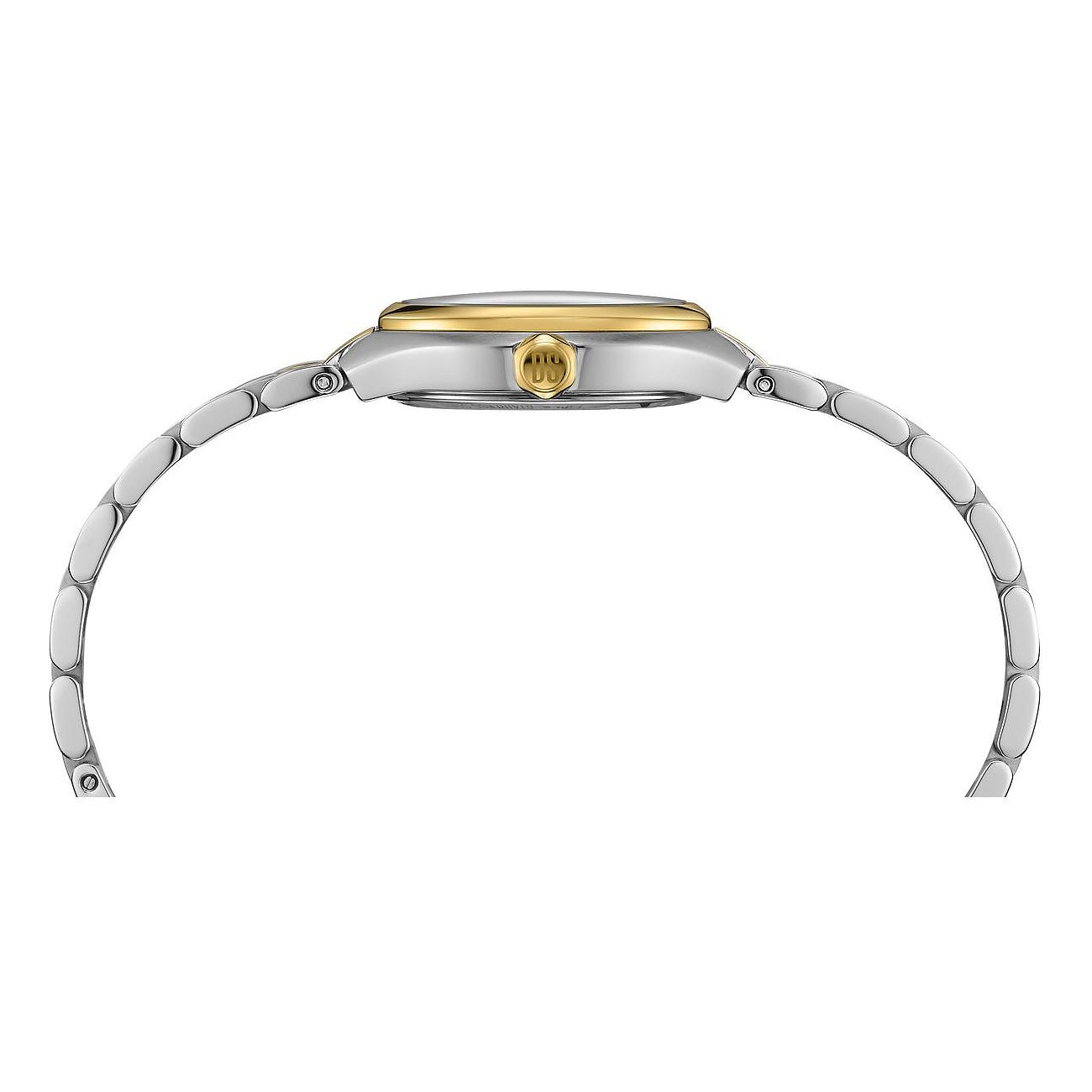 Seitenansicht der Certina Damenuhr aus Edelstahl mit silber- und goldfarbenem Armband und Gehäuse.