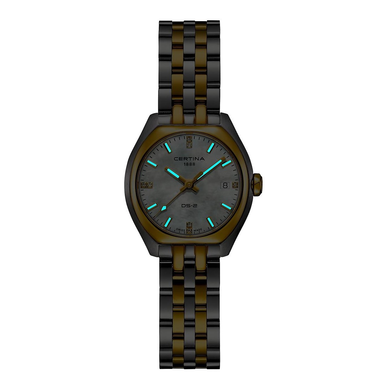 Certina Damenuhr aus zweifarbigem Edelstahl mit schwarzem und goldenem Gliederarmband und grauem Zifferblatt.