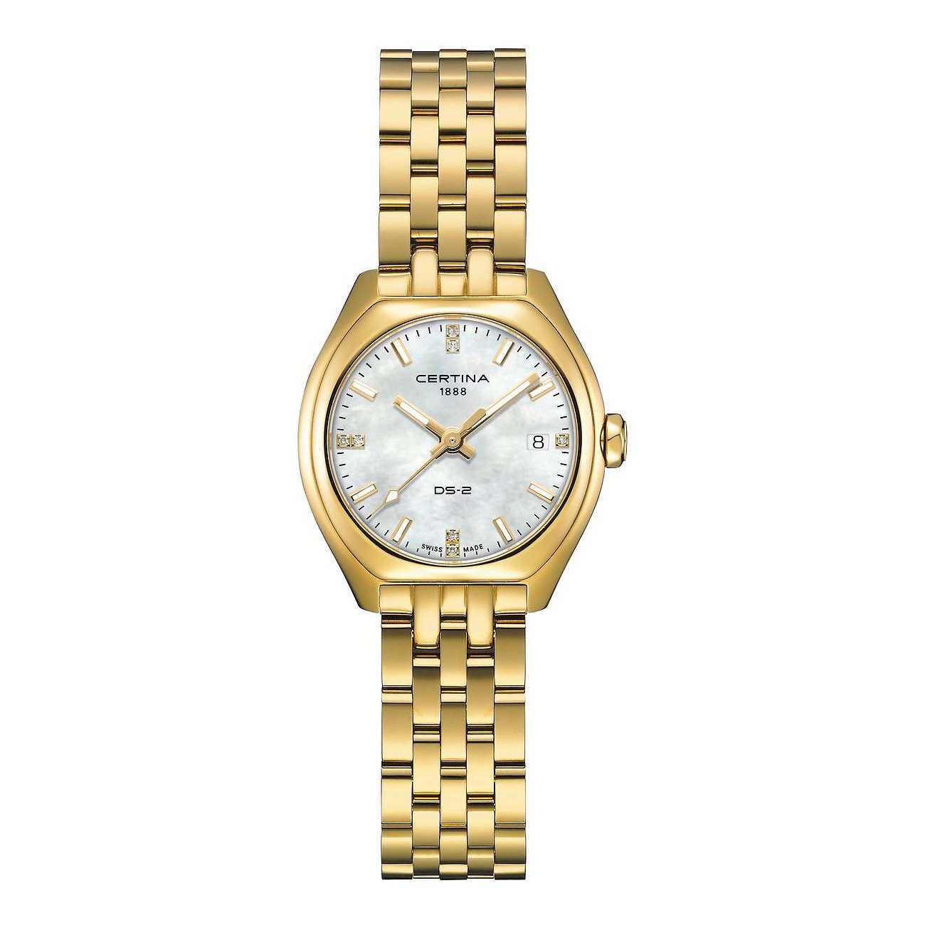 Certina Damenuhr aus goldfarbenem Edelstahl mit weißem Perlmuttzifferblatt, Datumsanzeige und glitzernden Schmucksteinen.
