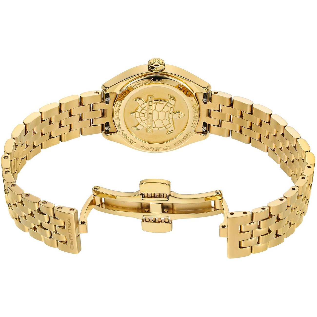 Rückansicht der goldenen Certina Damenuhr aus Edelstahl mit geöffneter Schließe und Schildkröten-Gravur.