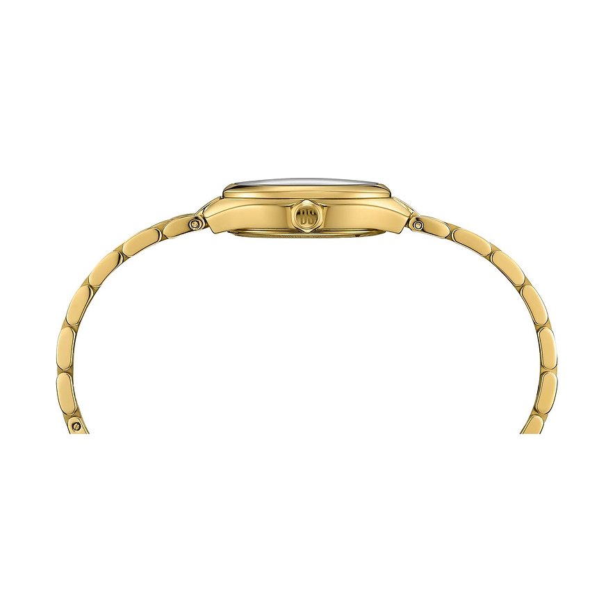 Seitenansicht der goldenen Certina Damenuhr aus Edelstahl mit filigranem Armband und Krone zum Einstellen der Zeit.