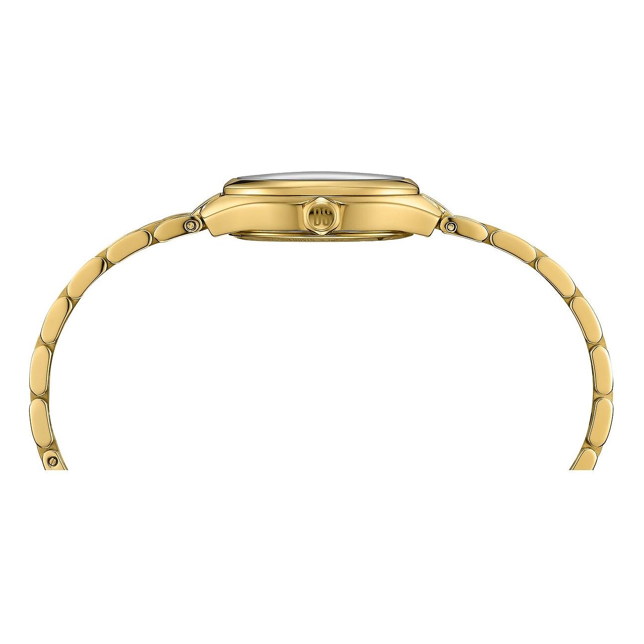 Seitenansicht der goldenen Certina Damenuhr aus Edelstahl mit filigranem Armband und Krone zum Einstellen der Zeit.