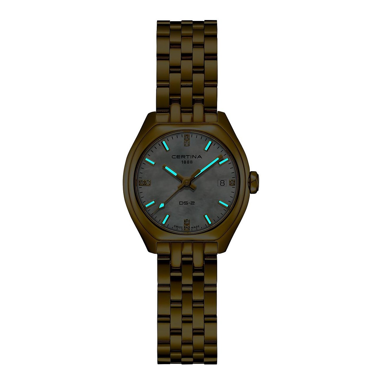 Certina Damenuhr DS-2 aus goldfarbenem Edelstahl mit beleuchtetem, weißem Zifferblatt und Datumsanzeige.