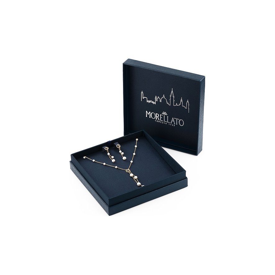 Morellato Ohrschmuck aus recyceltem Silber mit Perlen in dunkelblauer Geschenkbox, Nahaufnahme.