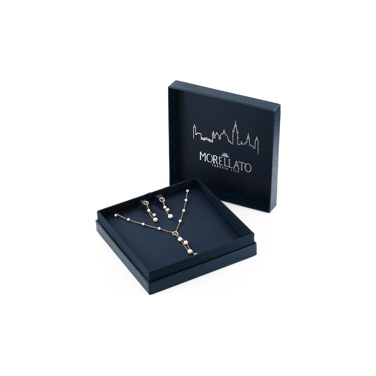 Morellato Ohrschmuck aus recyceltem Silber mit Perlen in dunkelblauer Geschenkbox, Nahaufnahme.