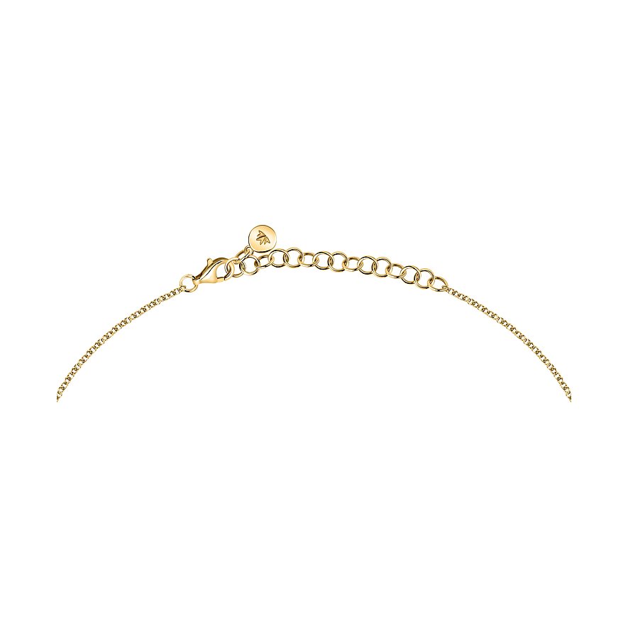 Die Rückseite einer Morellato Halskette aus recyceltem Gold mit einer Perle, feinen Gliederkette und Karabinerverschluss.