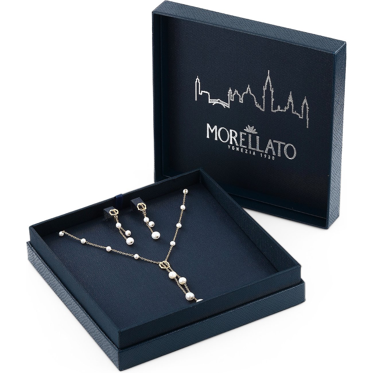Morellato Halskette und Ohrringe aus recyceltem Silber mit Perlen in einer dunkelblauen Geschenkbox.
