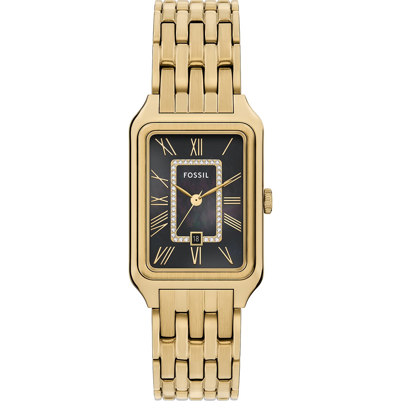 Eine rechteckige Fossil Damenuhr aus goldfarbenem Edelstahl mit einem schwarzen Zifferblatt und römischen Ziffern.