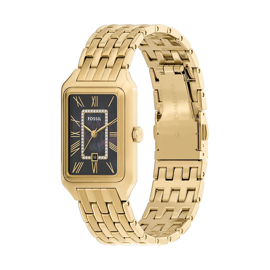 Nahaufnahme einer Fossil Damenuhr aus goldfarbenem Edelstahl mit rechteckigem Zifferblatt und Perlmutt-Details.