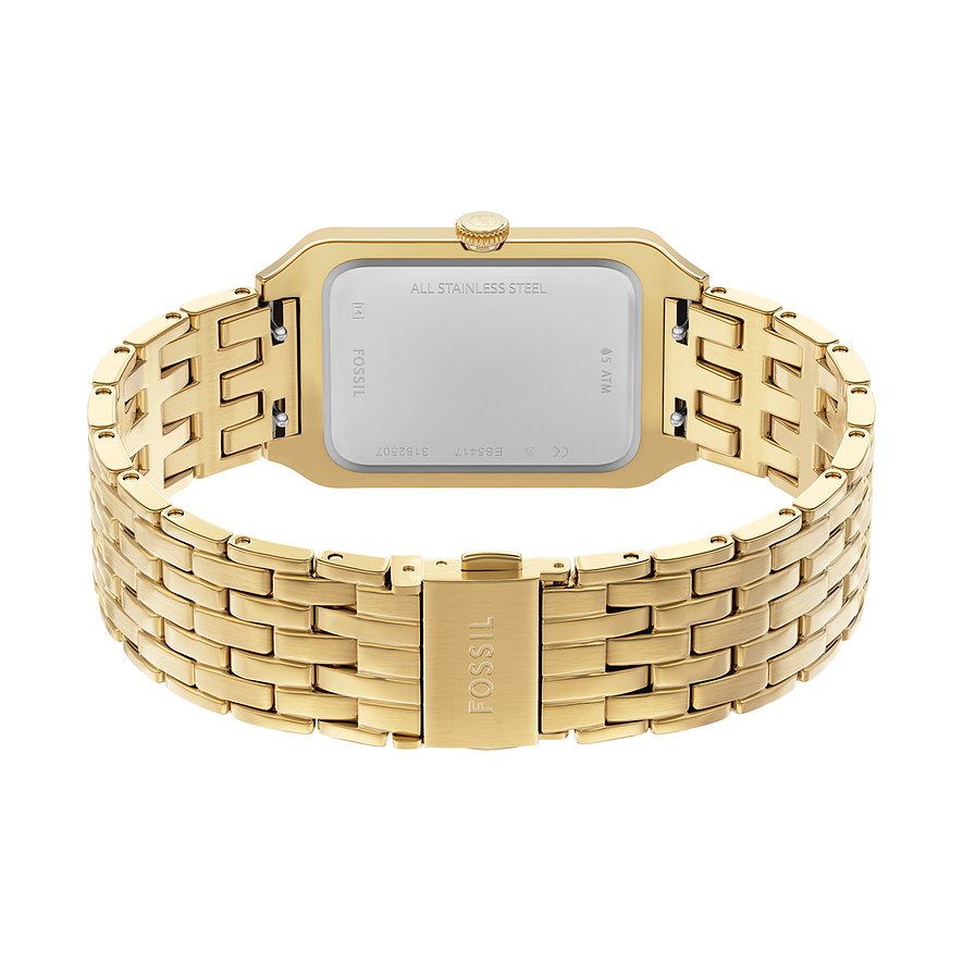 Rückansicht einer Fossil Damenuhr aus goldfarbenem Edelstahl mit rechteckigem Gehäuse und Armband, Verschluss mit 
