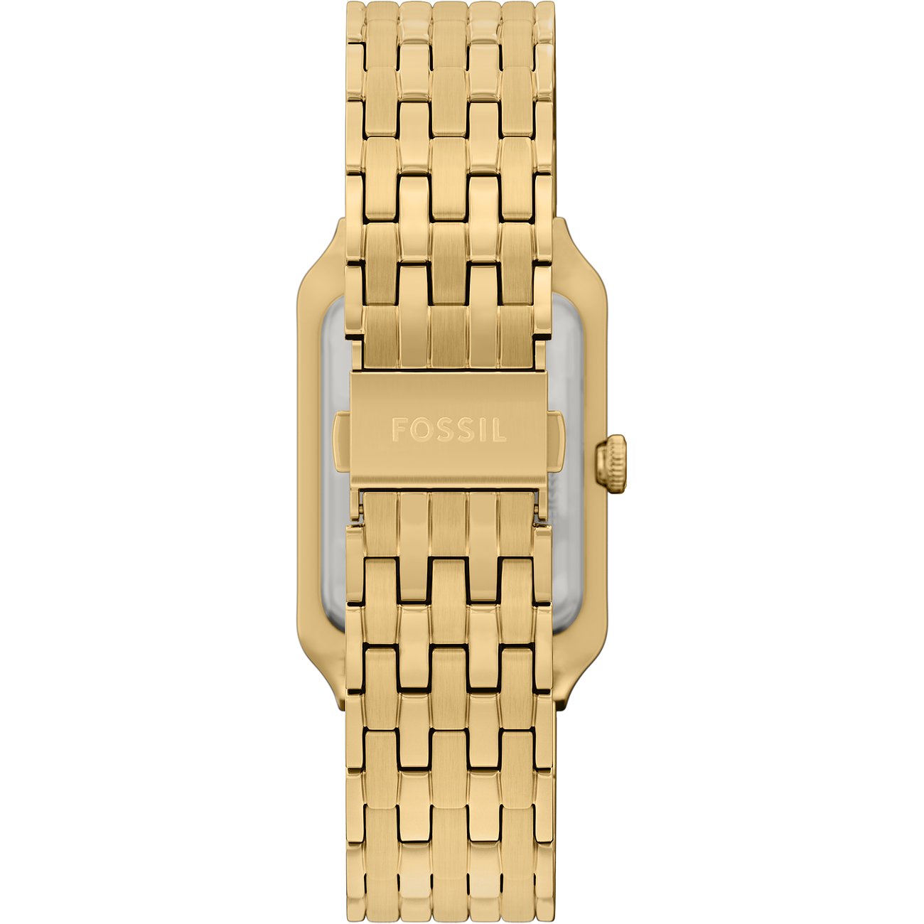 Rückseite einer Fossil Damenuhr aus goldfarbenem Edelstahl mit geschlossenem Gliederarmband und Fossil-Logo auf der Schließe.