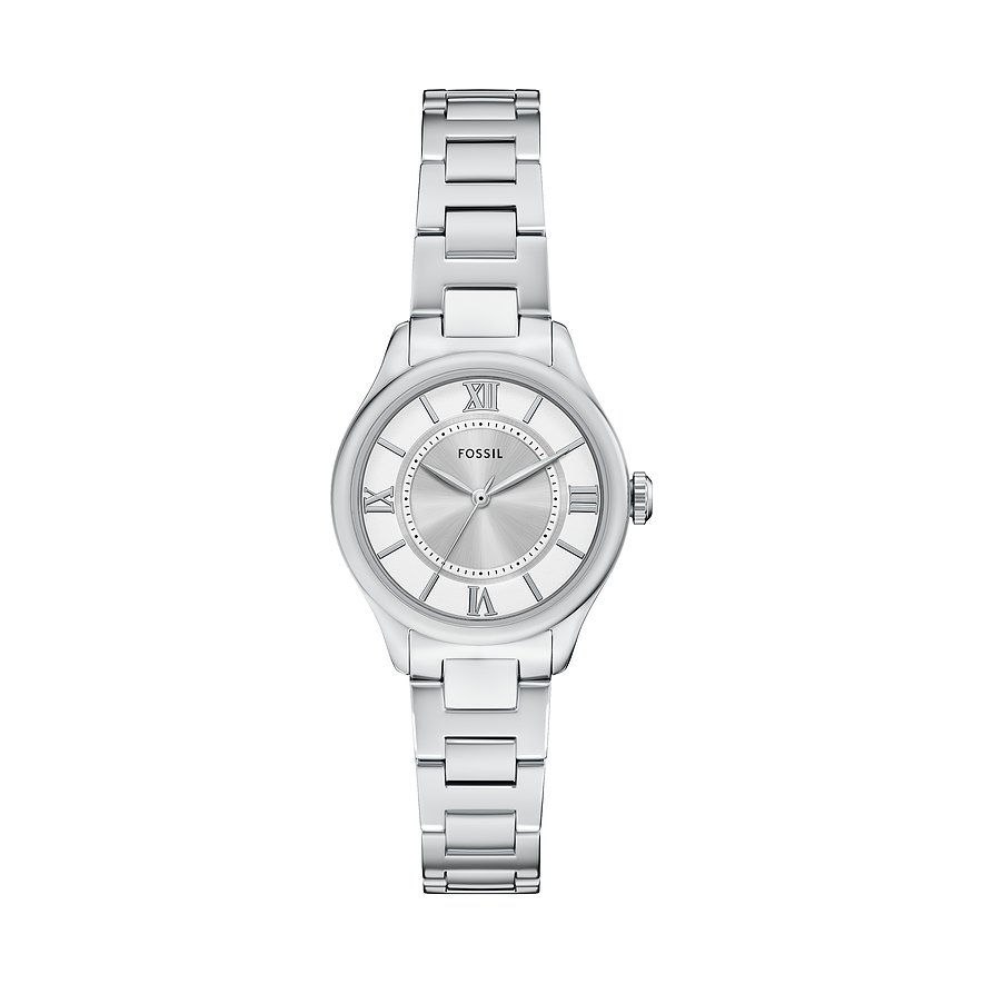 Fossil dameur i poleret rustfrit stål med sølvfarvet urskive og romertal.